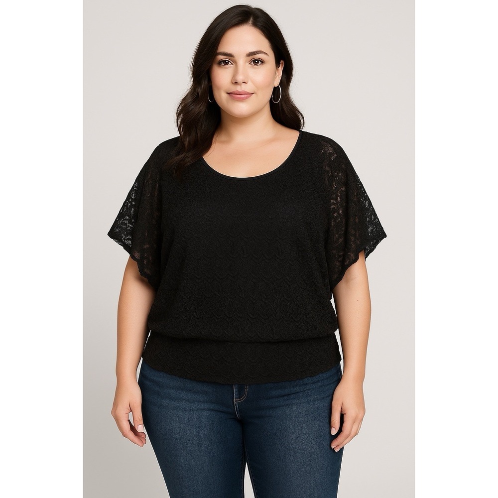 Cato Women's 18/20W Black Metallic Lace Overlay Blouse Plus Size Short Sleeve